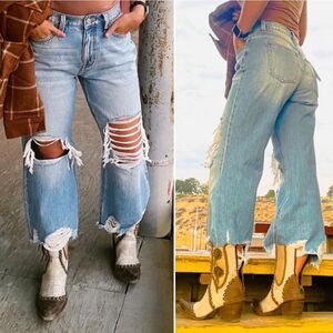 CEROS Blue Heavily Distressed High Rise Straight Leg Cropped Jeans Size 31